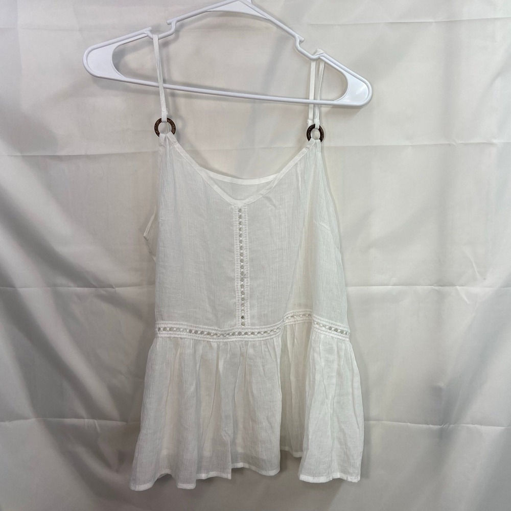 Women's white crocheted v-neck adjustable flowy relaxed casual tank top summer S